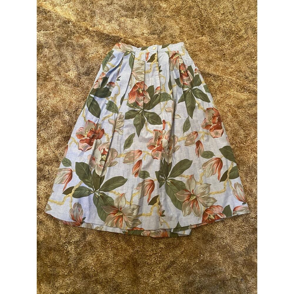Vintage Ruff Hewn Cotton Floral Midi Skirt Bel Air Sugar Magnolias Blue Pleated
